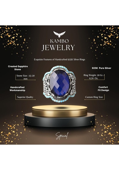 Sapphire Erkek Yüzüğü - El Yapımı 925 Ayar Gümüş İfadeli Takı Gümüş