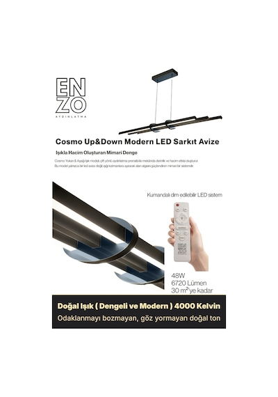 Cosmo Füme Lineer Led Sarkıt Avize Kumandalı Dim Edilebilir Aşağı Işık Doğal Işık