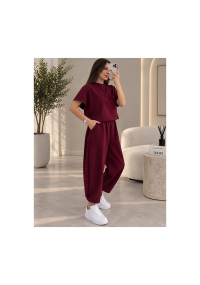 Öners Modal Dokulu Kısa Kol Şalvar Takım Bordo Bordo