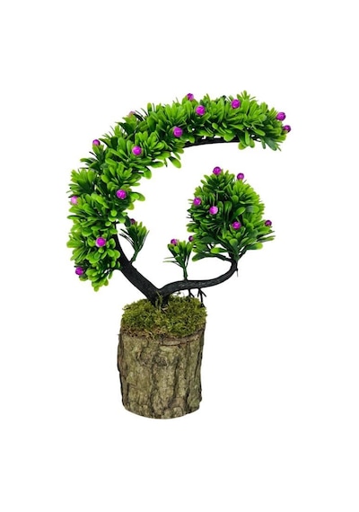 Yapay Çiçek Bonsai Ağacı Kütük Saksıda Lila Tomurcuklu Hilal Model Dekoratif Yapay Ağaç Bonzai 30 20 Cm