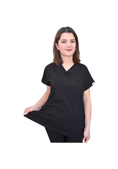 Unisex Siyah Likralı Tek Üst Forma Scrubs Siyah Siyah