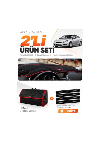 Chevrolet Cruze J300 Makyajsız 2008-2011 Uyumlu Torpido Örtüsü + Deri Çanta Seti - Siyah Kırmızı