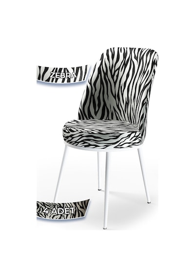 Canisa Dexa Serisi, Üst Kalite Mutfak Sandalyesi,4 Adet Zebra Desen Sandalye, Metal Beyaz Iskeletli Zebra Desen Sandalye Beyaz Ayak