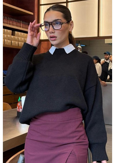 Madmext Siyah Bisiklet Yaka Oversize Triko Kazak Mg1972 Siyah