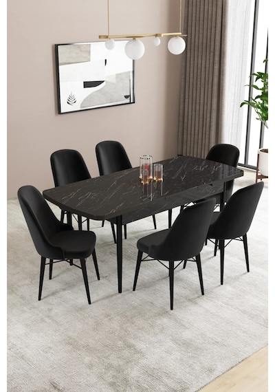 Familieconcept Almira Serisi, Siyah Mermer Desen 80x132 Açılabilir Mdf Mutfak Masası Takımı 6 Adet Sandalye Familieconcept Almira Serisi, Siyah Mermer Desen 80x132 Açılabilir Mdf Mutfak Masası Takımı 6 Adet Sandalye
