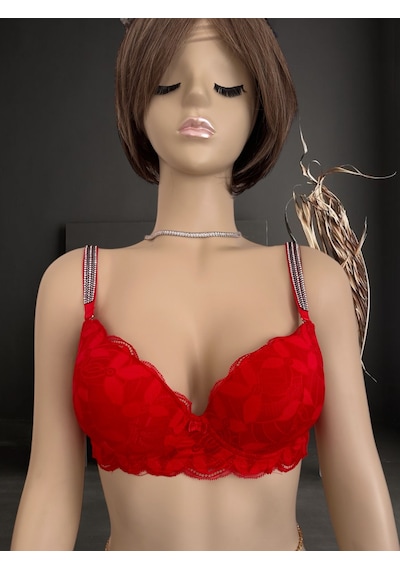 Jasmine Askıları Parlak Taşlı Hafif Destekli Dantelli Soft Cup İt Kırmızı