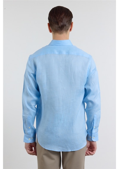 İmza Mavi Keten Düğmeli Yaka Uzun Kol Cepsiz Slim Fit Keten Gömlek 1004260161 M