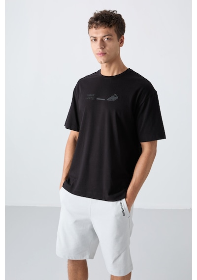 Tommy Life Siyah Pamuklu Kalın Yumuşak Dokulu Oversize Fit Baskılı Erkek T-shirt - 88330 Siyah