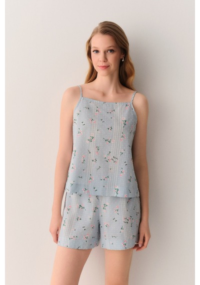 Suwen Pretty Pamuklu Atlet Şort Pijama Takımı Sh26536667956 Mavi