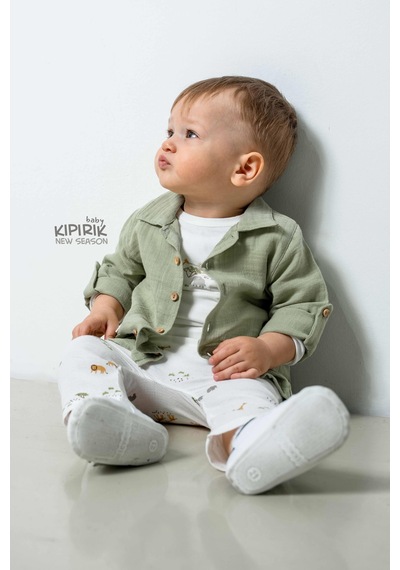 Caramell 3'lü Bebek Takımı Müslin Gömlek Pantalon Tişört Zürafa Desenli-1134 Yesil