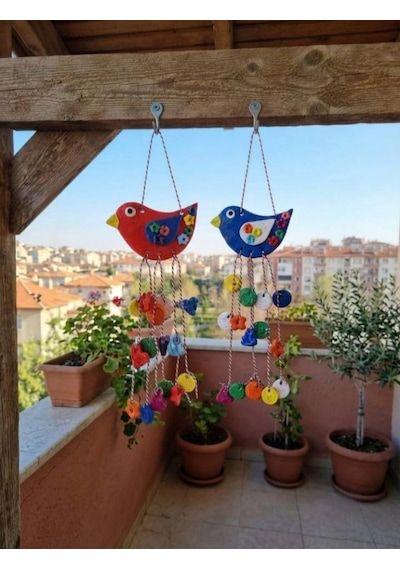 El Yapımı Taş Tozu Renkli Kuş Figürlü Dekoratif Duvar Süsü - Balkon Bahçe Ve Ev Aksesuarı Askılı Süs 11x24