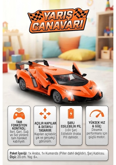 Lamborgini Uzaktan Kumandalı Açılır Kapılı 1:24 Ölçekli 4 Fonksiyonlu Işıklı Oyuncak Yarış Arabası Çok Renkli