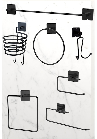 Karteya 7'li Süper Set Siyah Fön Makinesi Askısı Havluluk Wc/tuvalet Kağıtlık Rulo Havluluk Mutfak Banyo Set Siyah