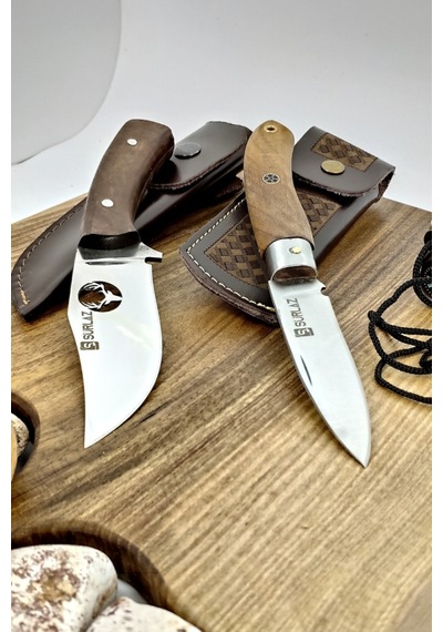 2'li Outdoor Deer Çakı Bıçak Kamp Bıçağı Deri Kılıflı Kahverengi