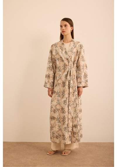 Aker Yaprak Desenli Keten Yandan Bağlamalı Kimono Ekru Ekru