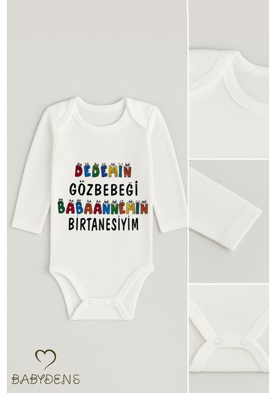 Babyden's Dedemin Gözbebeği Babaannemin Birtanesi Yazılı Uzun Kollu Bebek Zıbın Body %100 Pamuk Beyaz