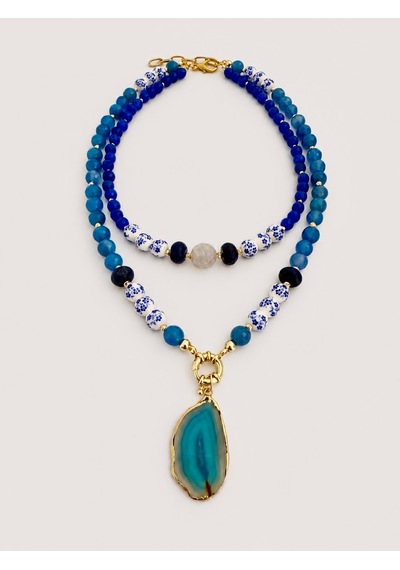 El Yapımı Mavi Kalsedon, Lapis Lazuli & Akik Doğal Taşlı Kolye Seti