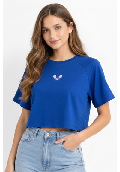 Soft&Basic Kadın Nakışlı Regular %100 Organik Pamuk Yuvarlak Yaka Kısa Crop T-shirt Mavi