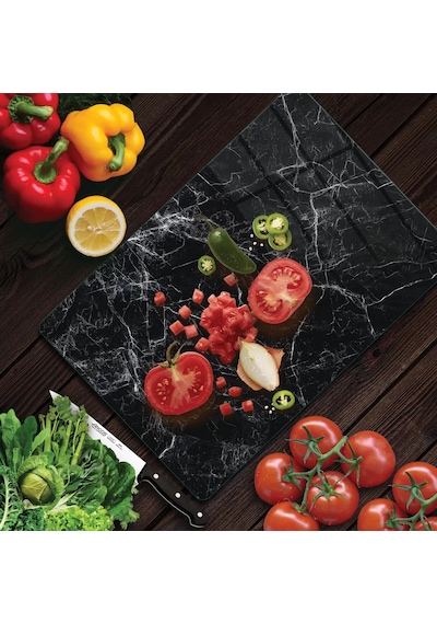 Decovetro Cam Kesme Tahtası Ve Sunumluk Siyah Beyaz Mermer Desenli 25 X 35 Cm Çok Renkli