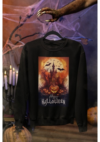 Magors Stil-x Halloween - Cadılar Bayramı Baskılı Unısex Sweatshırt, 3 İplik Şardonlu Siyah-6 Magors Stil-x Halloween - Cadılar Bayramı Baskılı Unısex Sweatshırt, 3 İplik Şardonlu Siyah-6