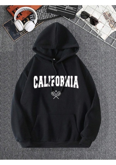 Startmore Siyah Unisex Siyah California Baskılı Oversize Kapüşonlu