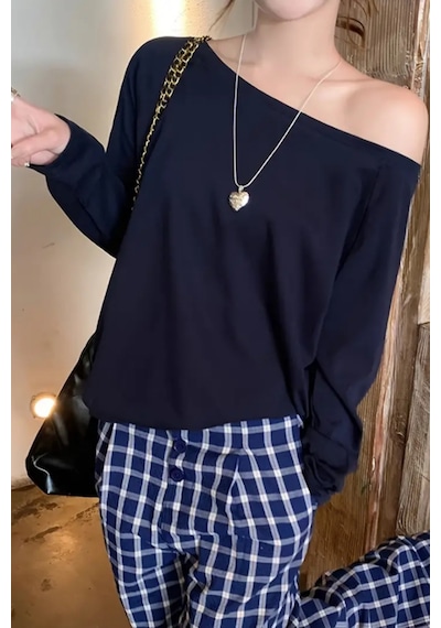 Cool Tarz Lacivert Kadın Düşük Omuz Kayık Yaka Oversize Uzun Kollu T-shirt Lacivert Lacivert