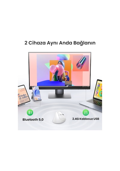 Ugreen Dikey Ergonomik Kablosuz Mouse, Bluetooth & 2.4ghz, 4000 Dpi, Beyaz Pilli , 95902b Standart