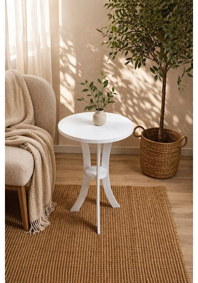 Fiskos Beyaz Yan Sehpa 50 Cm Çap - 60 Cm Yükseklik Modern Zigon Yan Sehpa Beyaz