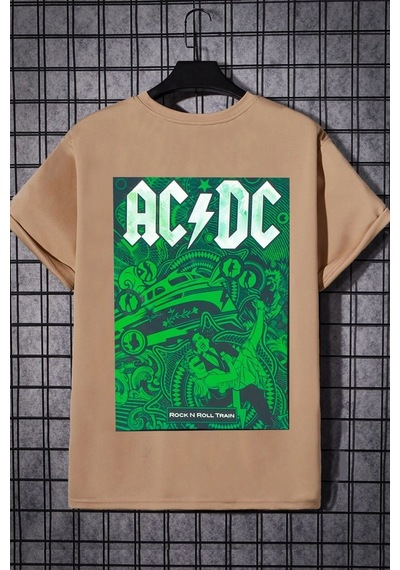 Unisex Acdc Baskılı T-shirt Bej