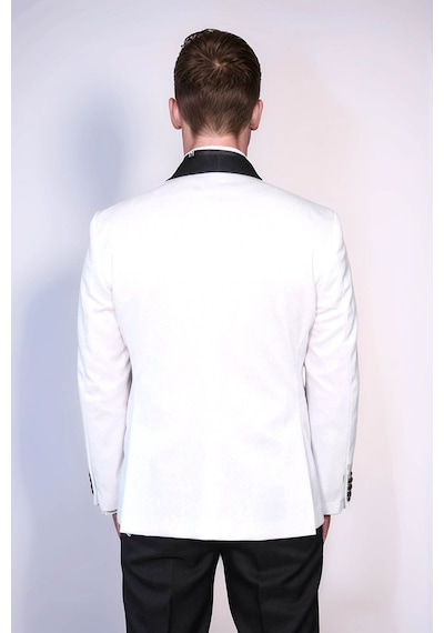 Beyaz Şal Yaka Simli Slim Fit Smokin Ceket - Wessi White