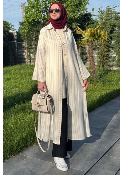 Rabia Şamlı Çizgili Natural Kap Siyah Normal