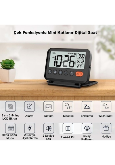 Plentiful Led Katlanır Dijital Saat Pilli Masa & Seyahat Tipi Alarm Takvim Isı Ölçer 10x8cm siyah