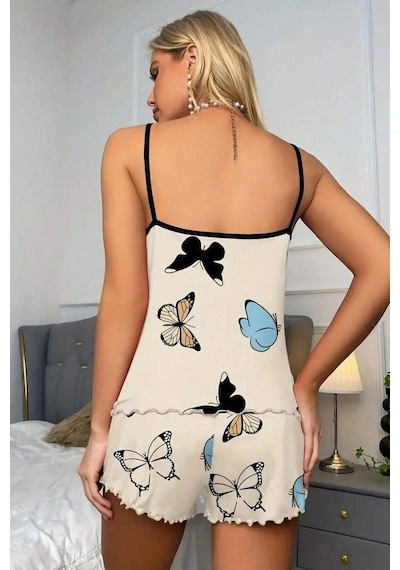 Bella Notte 2 Parça Kelebek Baskılı Şortlu Pijama Takımı Bej