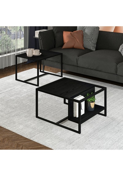 Batı 2 Li Modern Orta Sehpa Takımı Metal Ayaklı, Alt Raflı Siyah