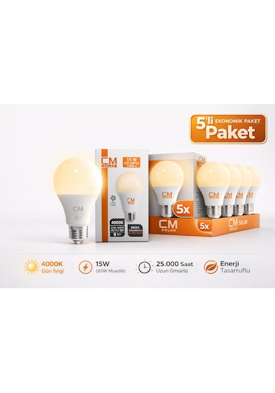 Cm 15w 4000k Gün Işığı Led Ampul 5 Li Paket E27 Duy Tasarruflu