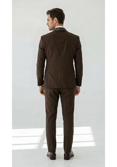 Erkek Slim Fit Mikro Desenli Takım Elbise 2 Düğmeli Çift Yırtmaçlı Modern Ceket Pantolon Takım Kahverengi Erkek Slim Fit Mikro Desenli Takım Elbise 2 Düğmeli Çift Yırtmaçlı Modern Ceket Pantolon Takım Kahverengi