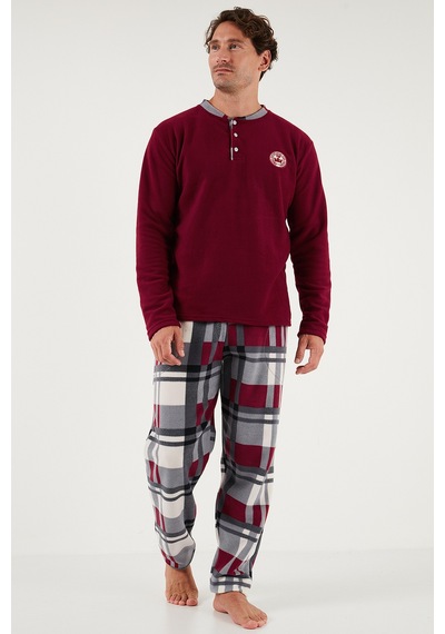 Buratti Ekoseli Regular Fit Düğmeli Bisiklet Yaka Kışlık Polar Erkek Pijama Takımı 60961008 Bordo