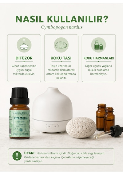 Minia Bahçe Bitki Ve Sanat Atölyesi Citronella Uçucu Yağı Saf ve Katkısız Bitkisel Uçucu Yağ 10 ML