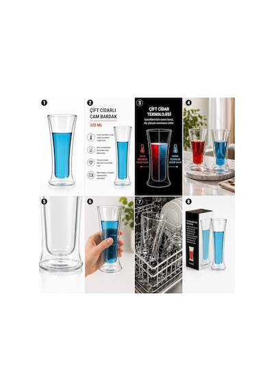 Çift Cidarlı Cam Bardak 320 Ml Borosilikat Isıya Dayanıklı Double Wall Bardak Sıcak & Soğuk İçecek Bardağı, Şeffaf Termal Cam Kupa, Bira Kahve Çay Latte Bardağı