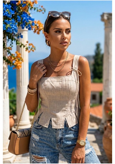 Athena Antik Roma Gladyatör Dizayn Kalın Askılı Bağcıklı Keten Mitolojik Crop Büstiyer Taş