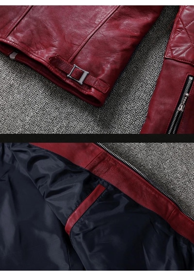 Nyc Giyim Tekstil & Deri Vintage Motosiklet Şarap Kırmızı Renk Hakiki Deri Mont Bordo