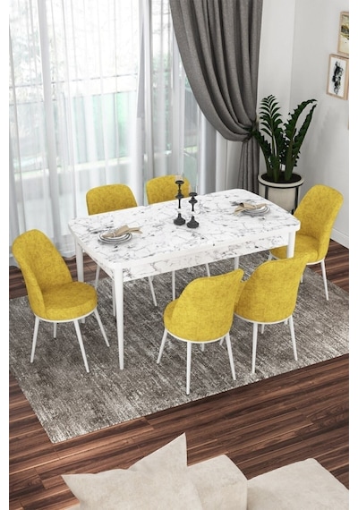 Canisa Concept Kor Serisi 70x114 Açılabilir Mutfak Masası Takımı Beyaz Mermer Desen Masa 6 Hardal Sandalye Masa Beyaz Mermer Desen Sandalyeler Hardal