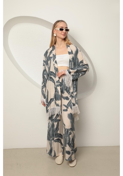Chıcnhappy Viskon Kumaş Empirme Kadın Kimono Takım Gri 24pn5090012 Gri