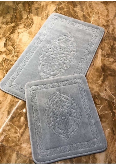 2li Pamuklu Banyo Paspas Seti Osmanlı Desen Gri Renkli