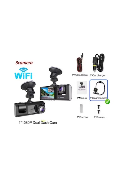 Wifi Li 3 Kameralı Araç İçi Kamera Kayıt Cihazı 3 Lens Cardvr Dash Cam Ön İç Ve Geri Görüş Kamerası