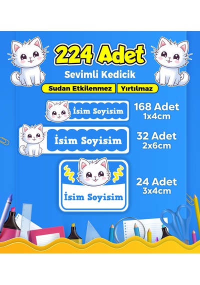 Sevimli Kedi Temalı Okul Kreş Kişiye Özel İsim Etiket Seti - Model 358 Çok Renkli