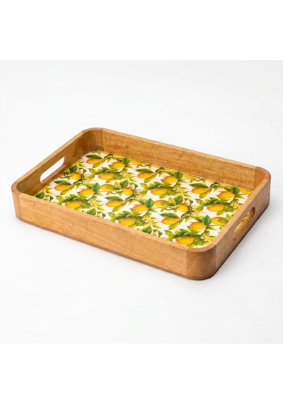 Tr Mango Ağacı Dikdörtgen Servis Tepsisi, 40 X 28 X 4,70 Cm Limon Desenli Ahşap Sunum Tepsisi, Yüksek Kenarlı Kahv