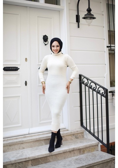 Hira Life Fashion Kadın Elbise Tesettür Giyim Balıkçı Yaka Ve Dar Kesim Triko Kalem Elbise Krem Krem