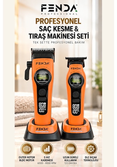 Fenda Profesyonel Bldc Motor 8000 Rpm 2'li Tıraş Makinesi Seti Turuncu