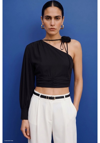 Sateen Çiçek Detaylı Bluz Siyah